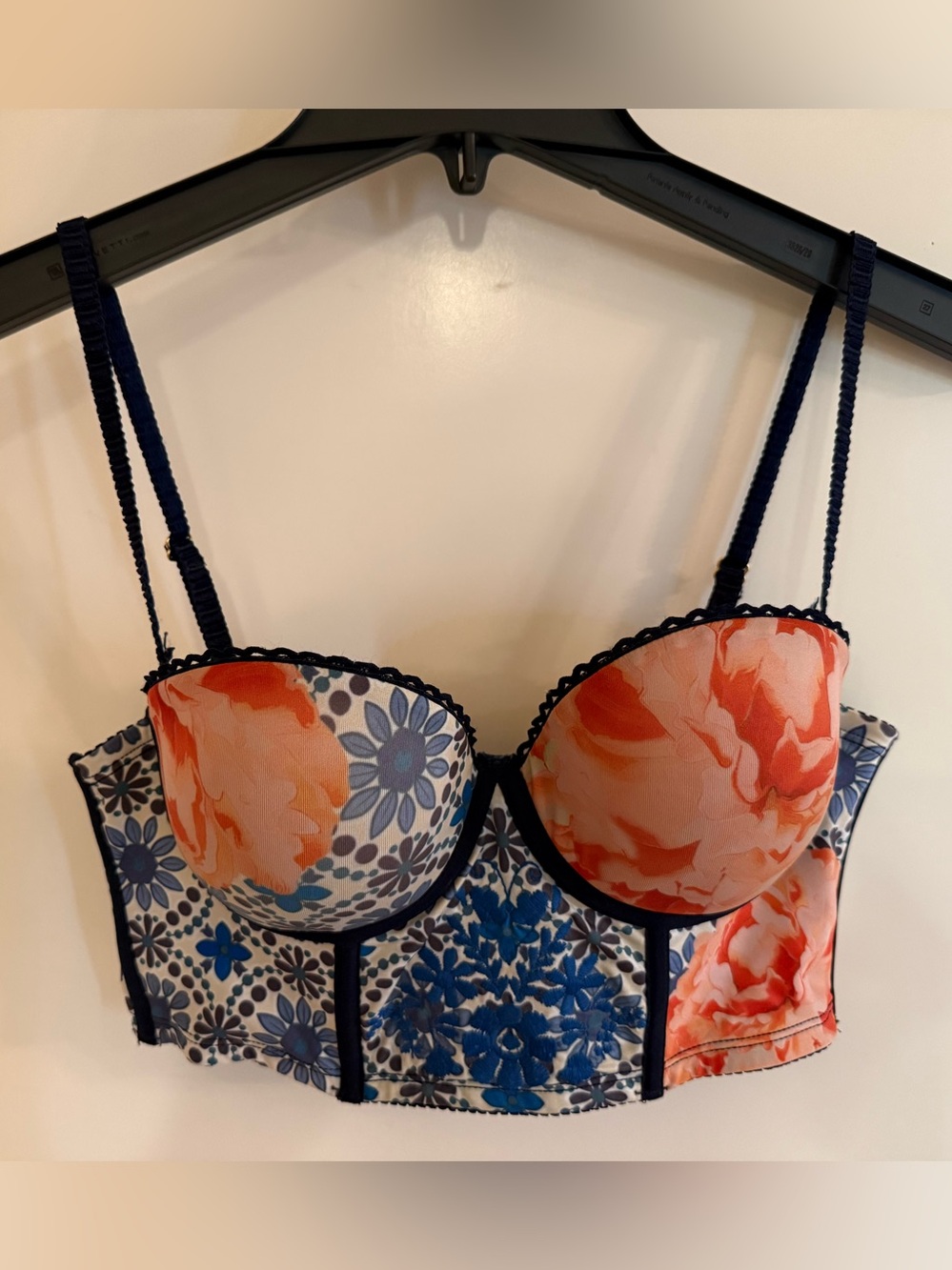 Floral Longline Underwire Bustier Bra in Orange & Blue